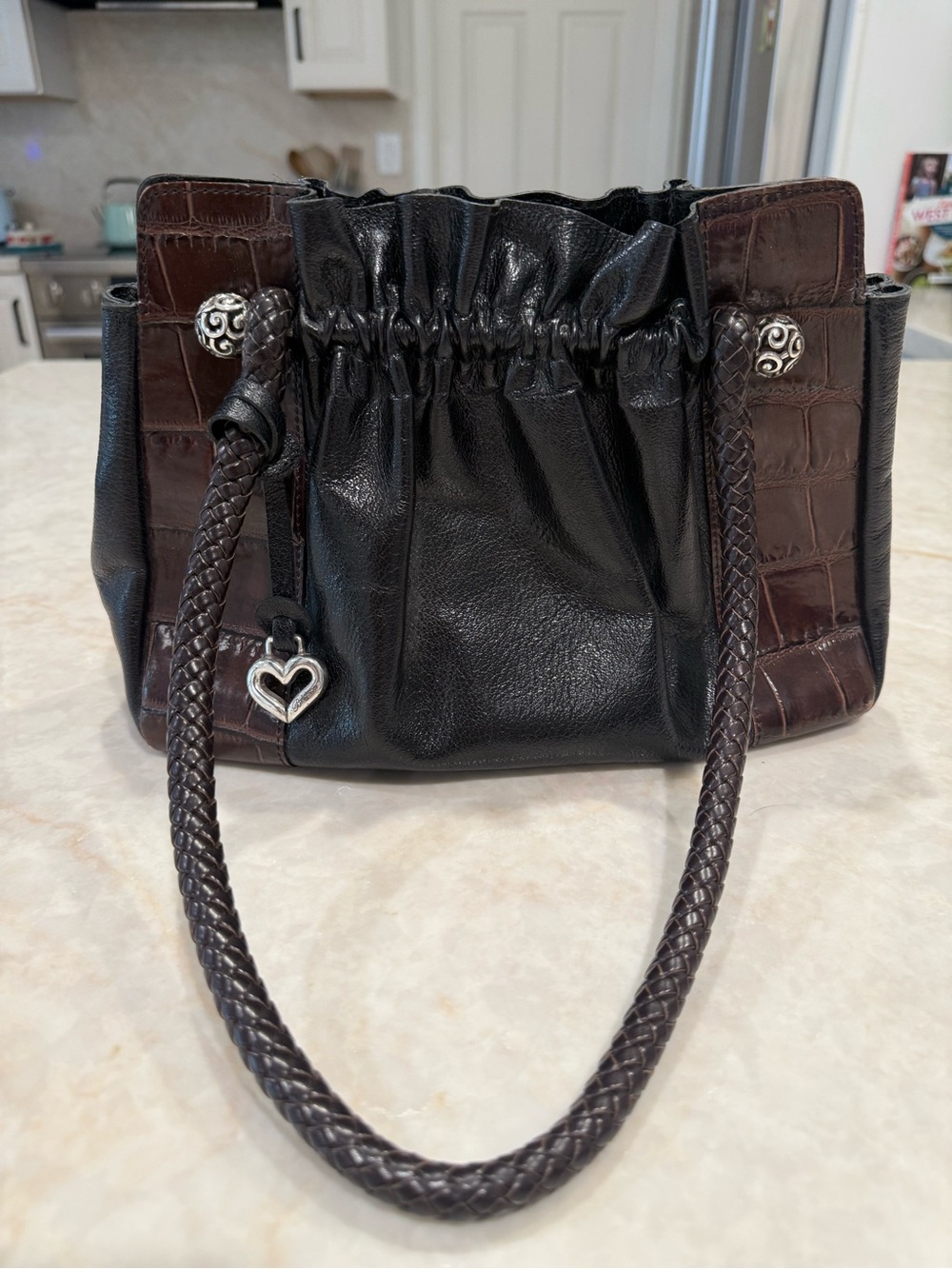 Brighton Black and Dark Brown Drawstring Shoulder Bag
